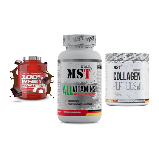 Regenerations-Set: Scitec 100% + MST All Vitamin + MST Collagen – alle enthaltenen Artikel