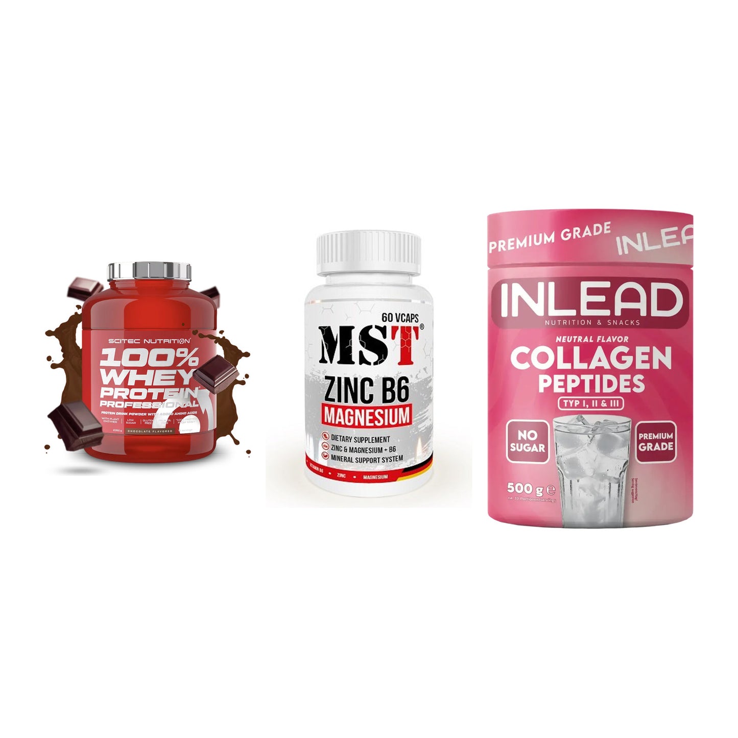Regenerations-Set: Scitec 100% + MST Zinc + INLEAD Collagen – alle enthaltenen Artikel