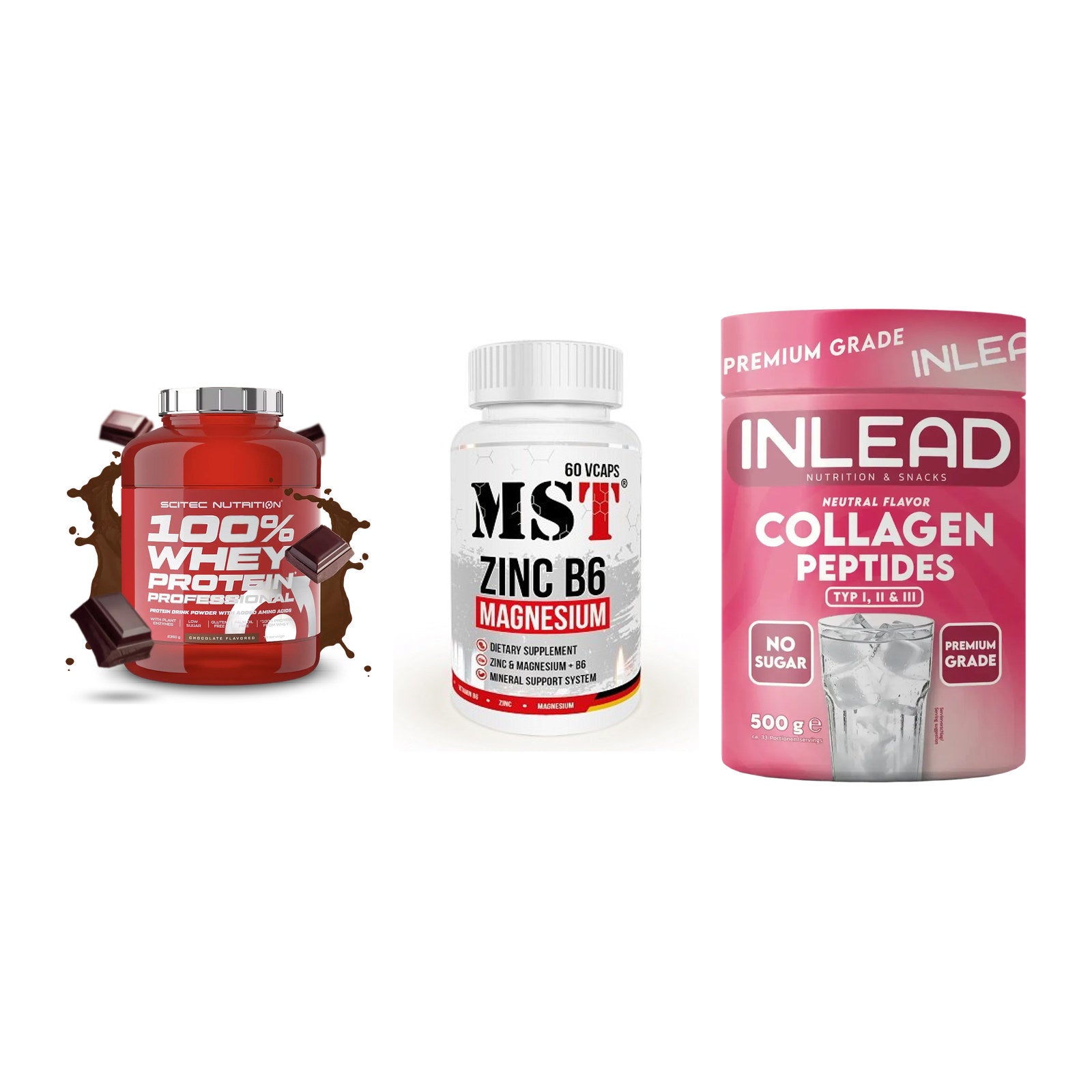 Regenerations-Set: Scitec 100% + MST Zinc + INLEAD Collagen – alle enthaltenen Artikel