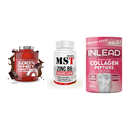 Regenerations-Set: Scitec 100% + MST Zinc + INLEAD Collagen – alle enthaltenen Artikel