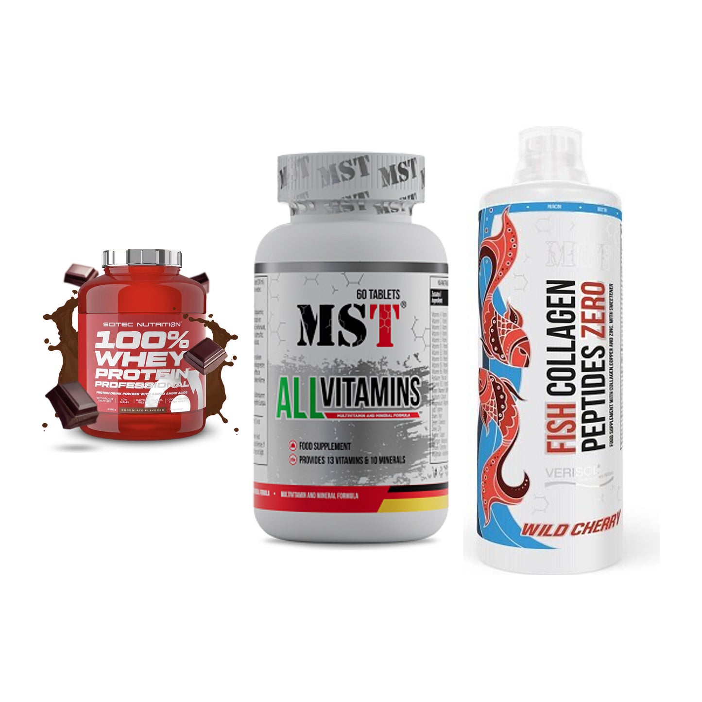 Regenerations-Set: Scitec 100% + MST All Vitamin + MST Fish – alle enthaltenen Artikel