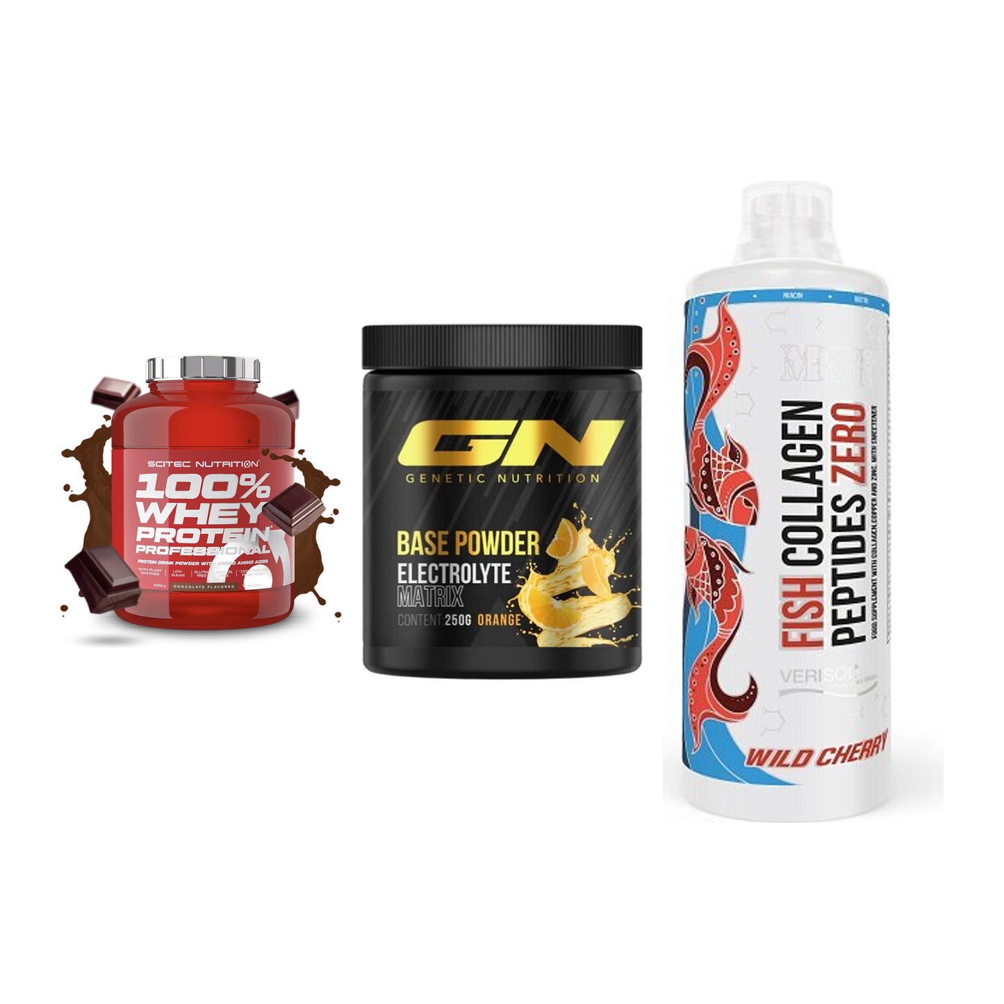 Regenerations-Set: Scitec 100% + GN Base Powder + MST Fish – alle enthaltenen Artikel