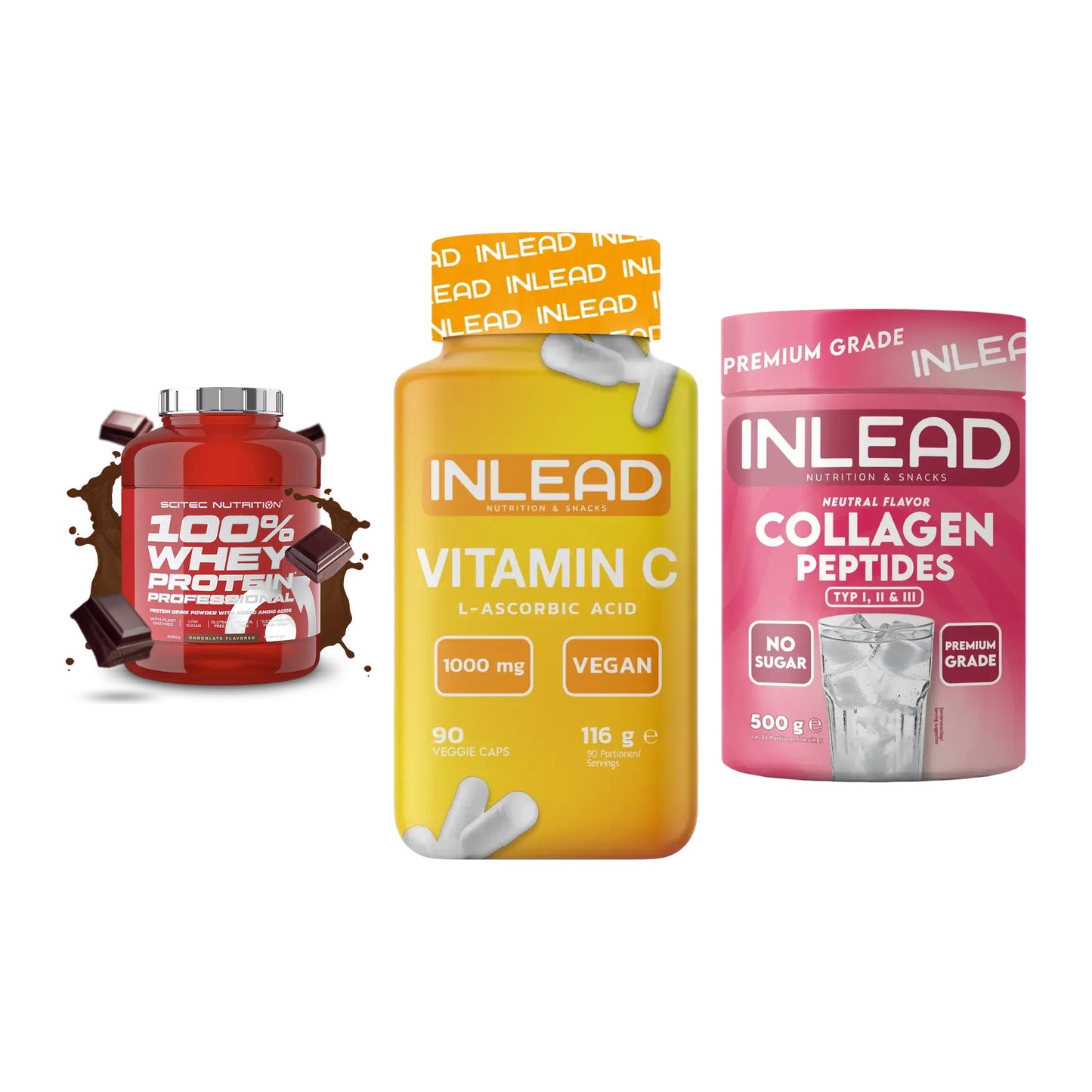 Regenerations-Set: Scitec 100% + INLEAD Vitamin + INLEAD Collagen – alle enthaltenen Artikel