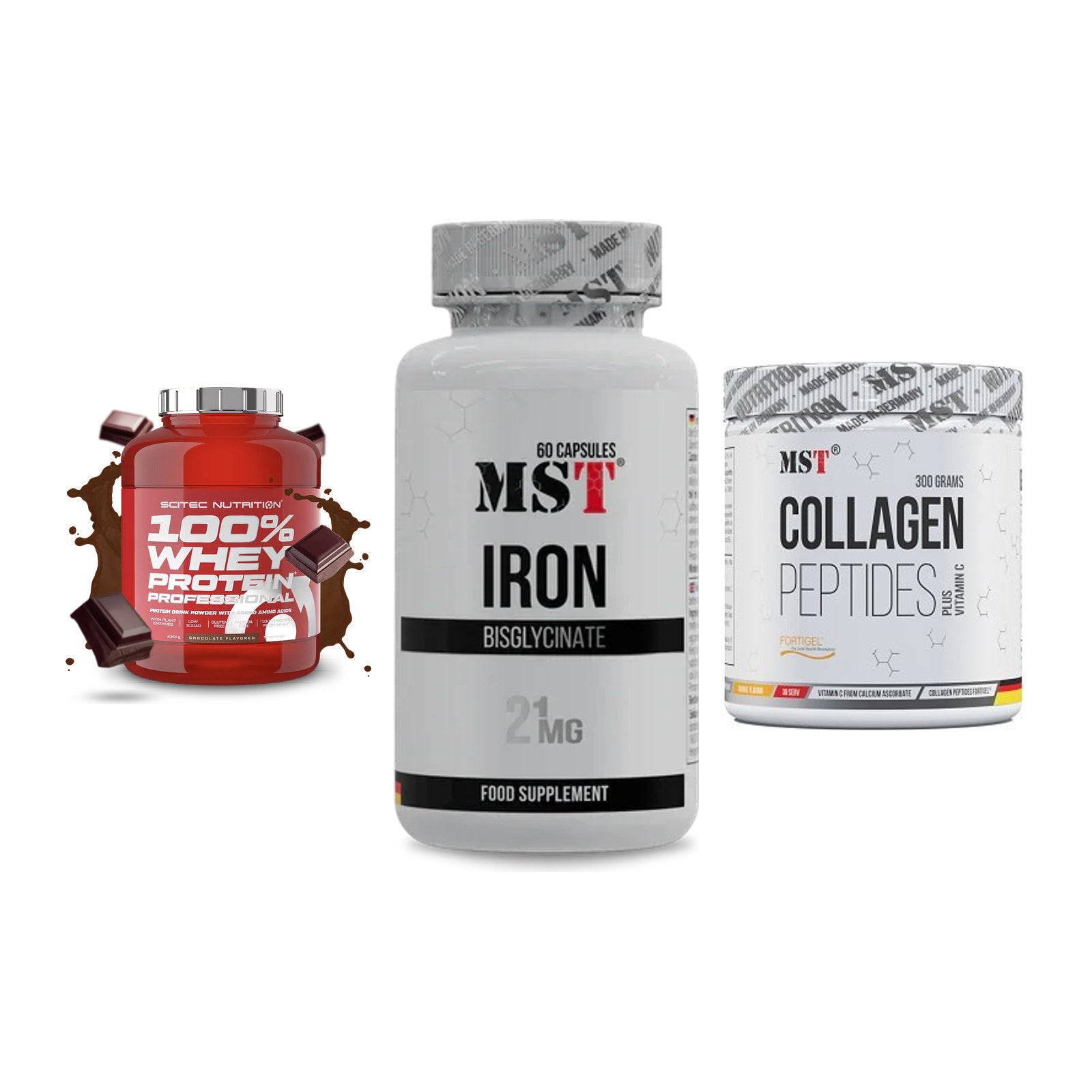 Regenerations-Set: Scitec 100% + MST Iron + MST Collagen – alle enthaltenen Artikel