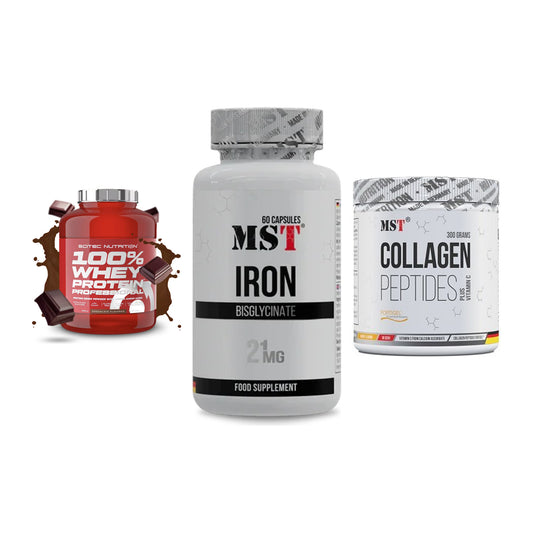 Regenerations-Set: Scitec 100% + MST Iron + MST Collagen – alle enthaltenen Artikel
