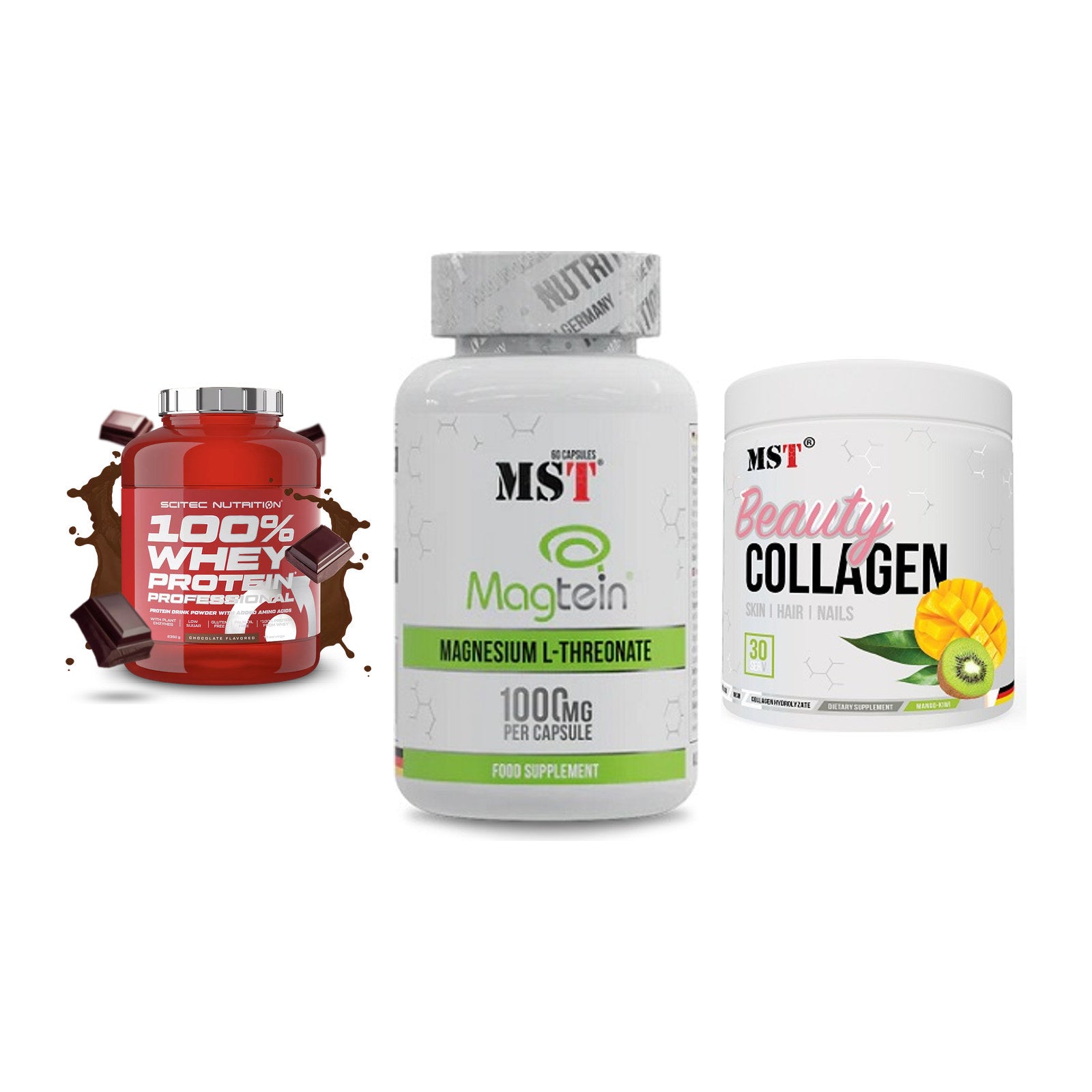 Regenerations-Set: Scitec 100% + MST Magnesium + MST Beauty – alle enthaltenen Artikel