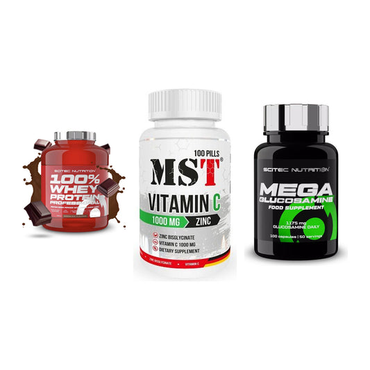 Regenerations-Set: Scitec 100% + MST Vitamin C + Scitec Mega – alle enthaltenen Artikel