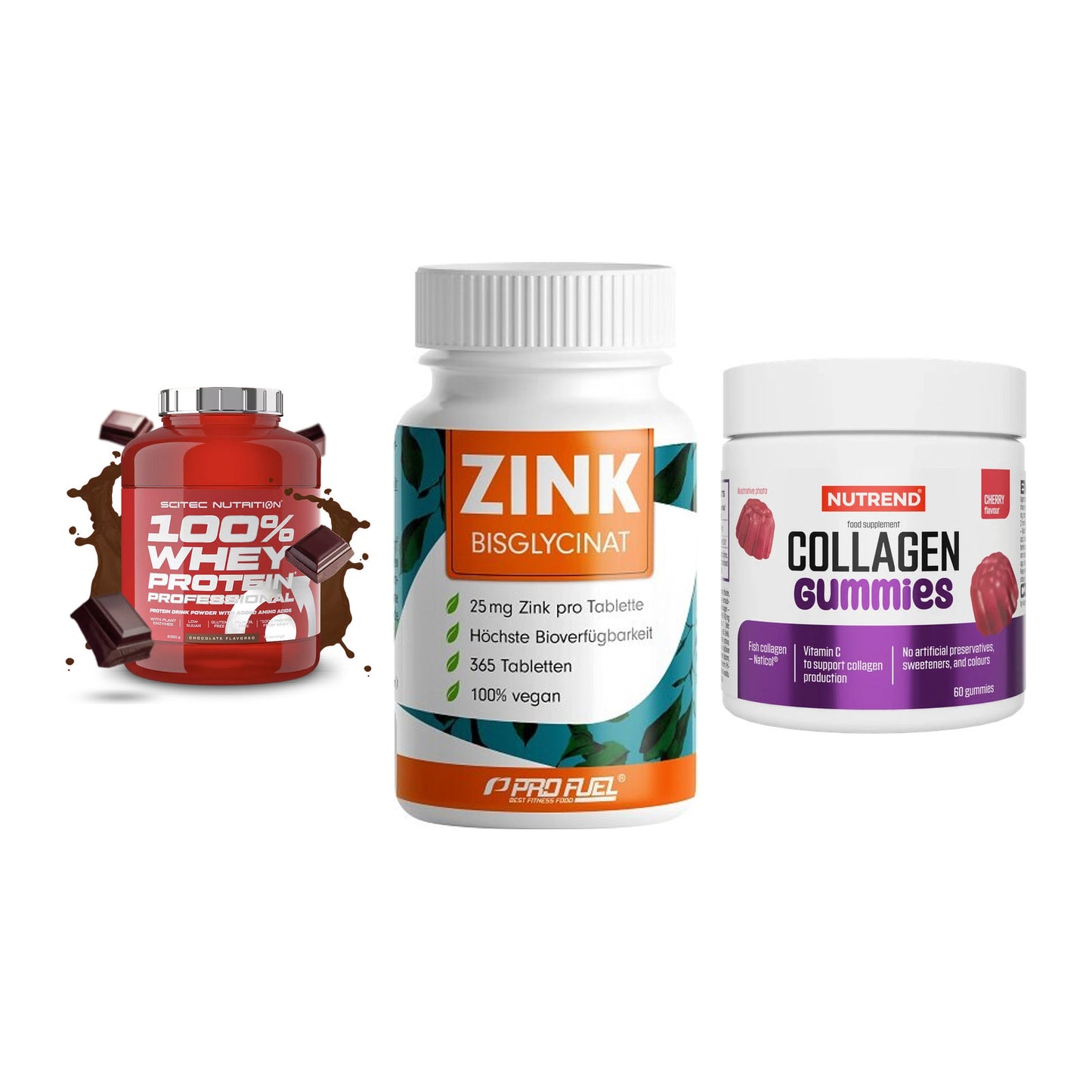 Regenerations-Set: Scitec 100% + ProFuel Zink + Nutrend Collage – alle enthaltenen Artikel