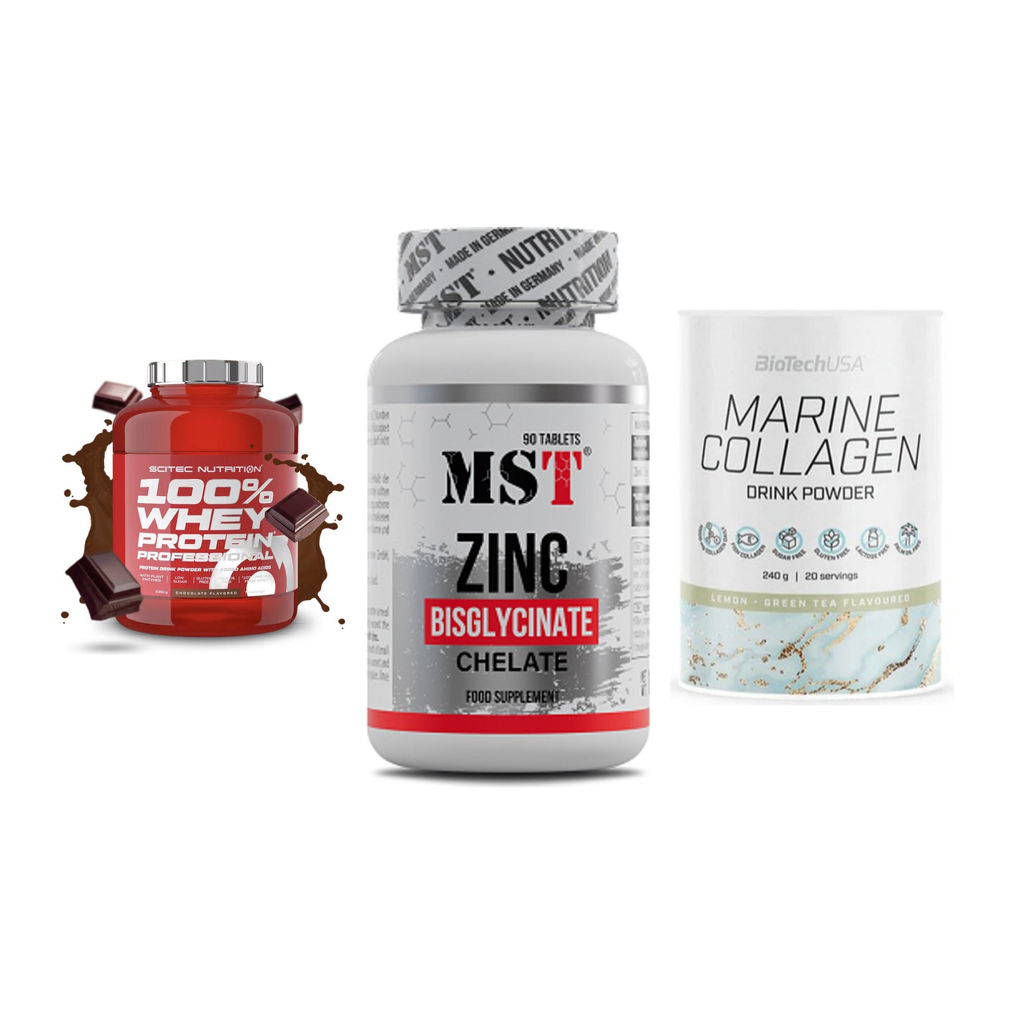 Regenerations-Set: Scitec 100% + MST Zinc + BioTech Marine – alle enthaltenen Artikel