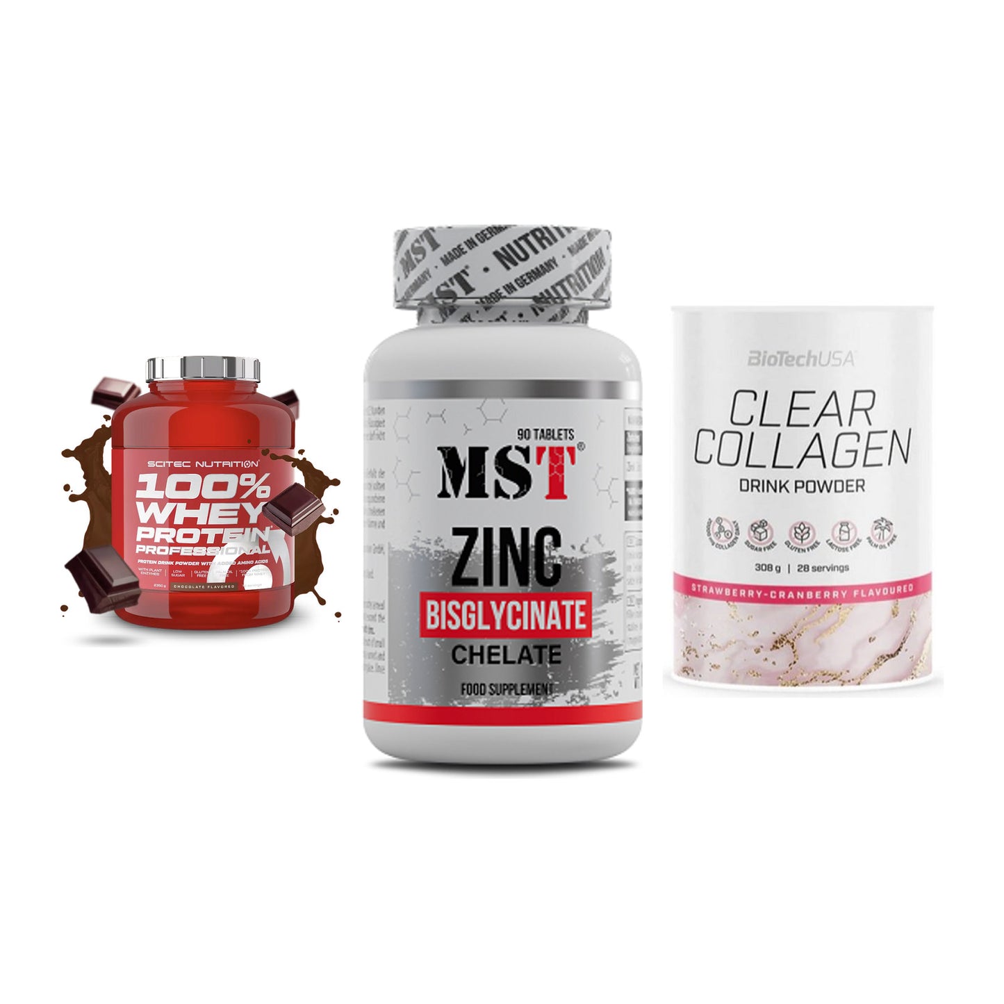 Regenerations-Set: Scitec 100% + MST Zinc + BioTech Clear – alle enthaltenen Artikel
