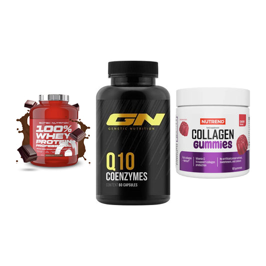 Regenerations-Set: Scitec 100% + GN Q10 Health + Nutrend Collage – alle enthaltenen Artikel