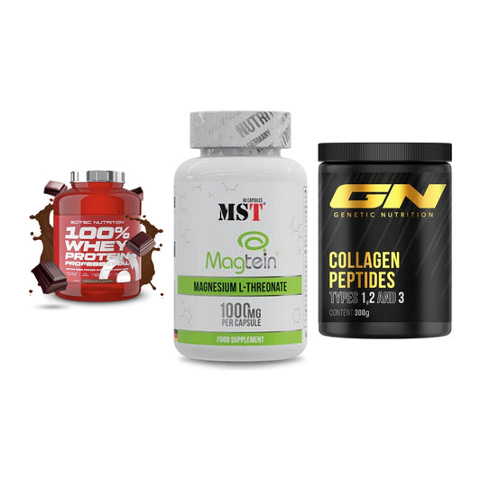 Regenerations-Set: Scitec 100% + MST Magnesium + GN Peptan – alle enthaltenen Artikel
