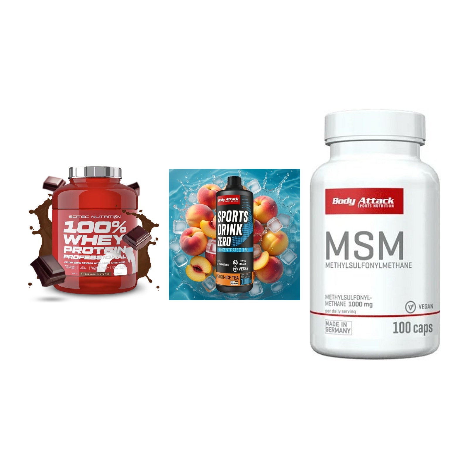 Regenerations-Set: Scitec 100% + Body Attack + Body Attack MSM – alle enthaltenen Artikel