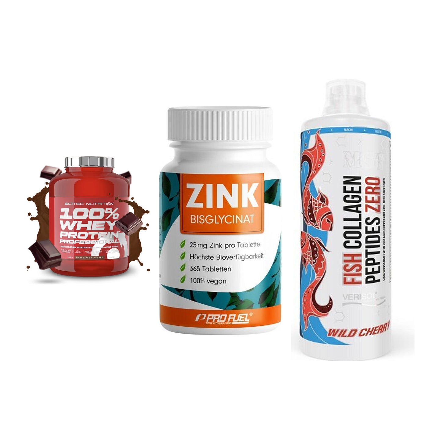 Regenerations-Set: Scitec 100% + ProFuel Zink + MST Fish – alle enthaltenen Artikel