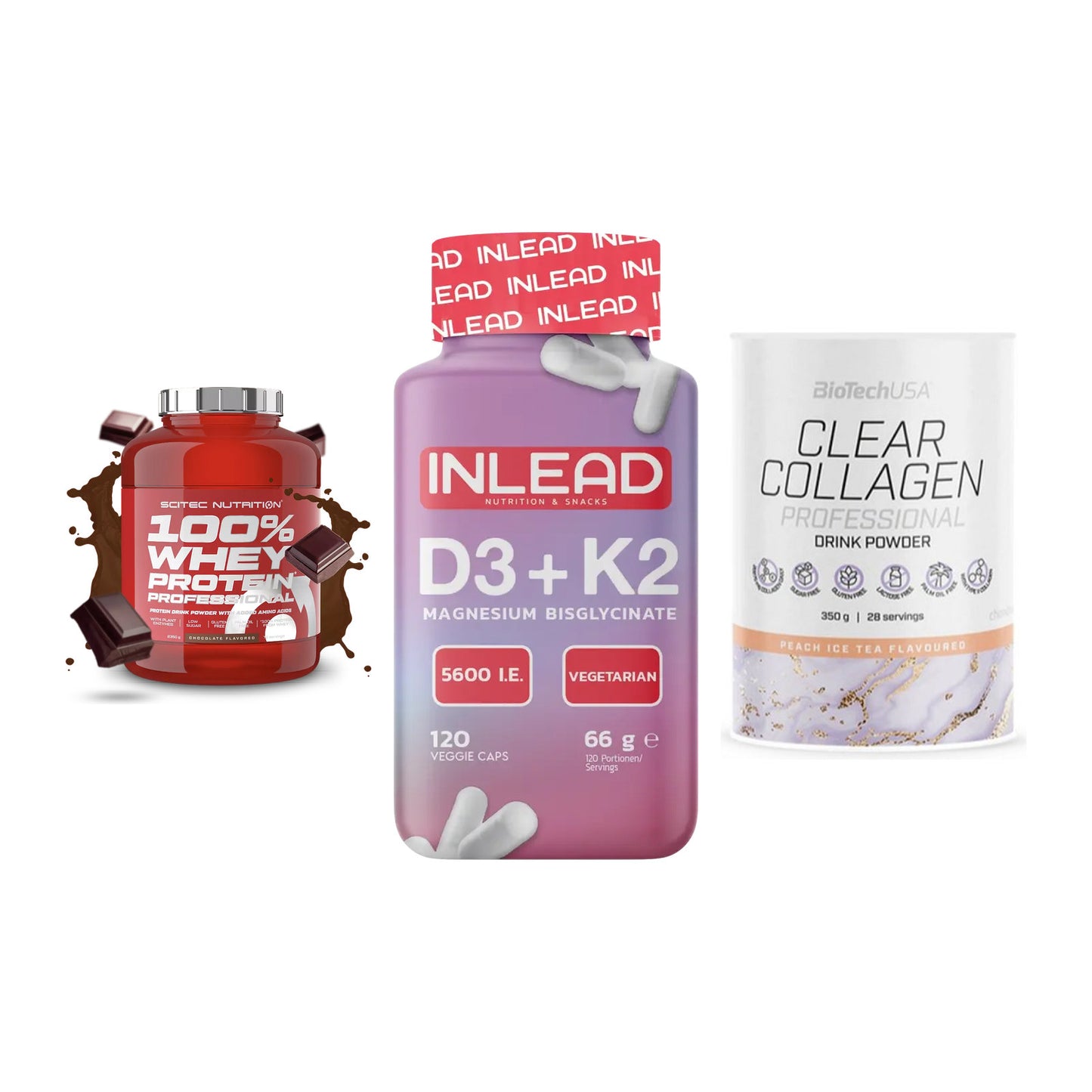 Regenerations-Set: Scitec 100% + INLEAD Vitamin + BioTech Clear – alle enthaltenen Artikel