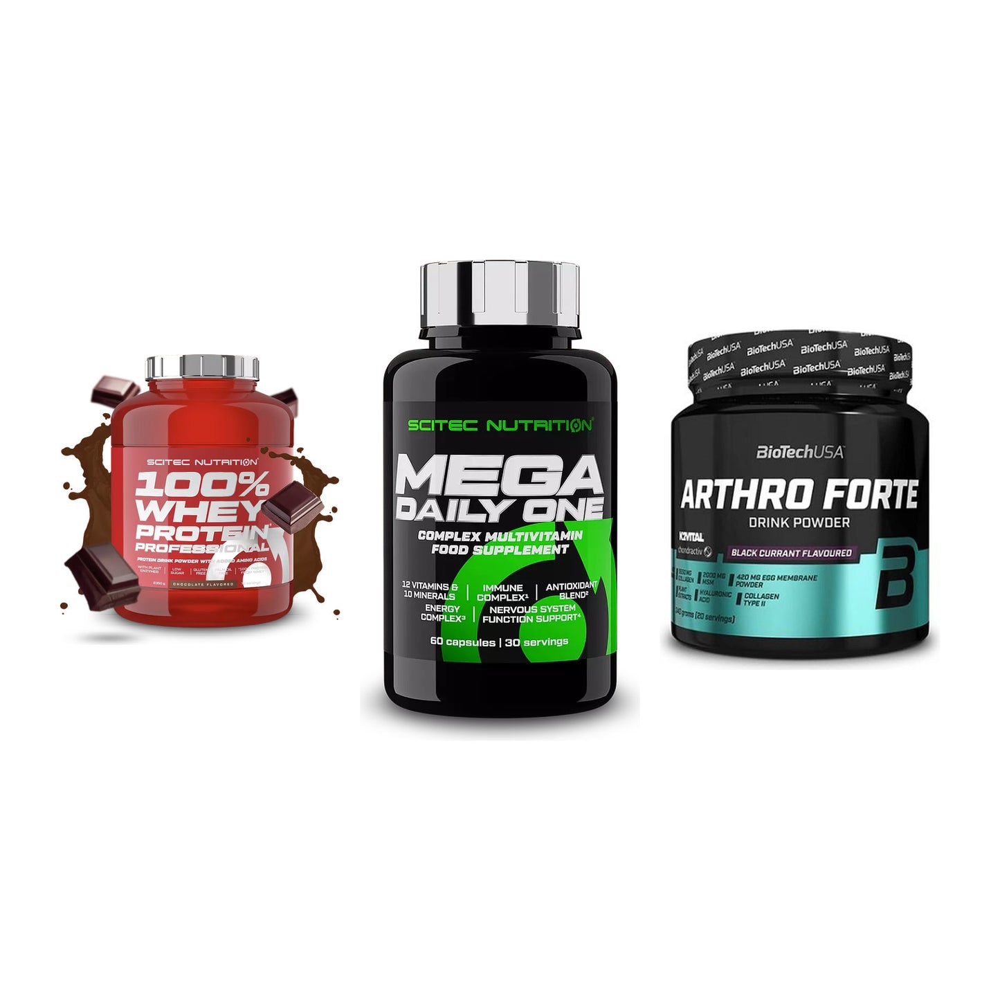 Regenerations-Set: Scitec 100% + Scitec Mega + BioTech Arthro – alle enthaltenen Artikel