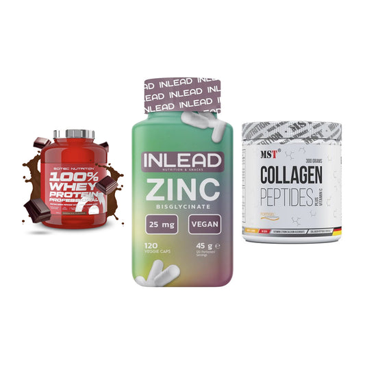 Regenerations-Set: Scitec 100% + INLEAD Zink + MST Collagen – alle enthaltenen Artikel