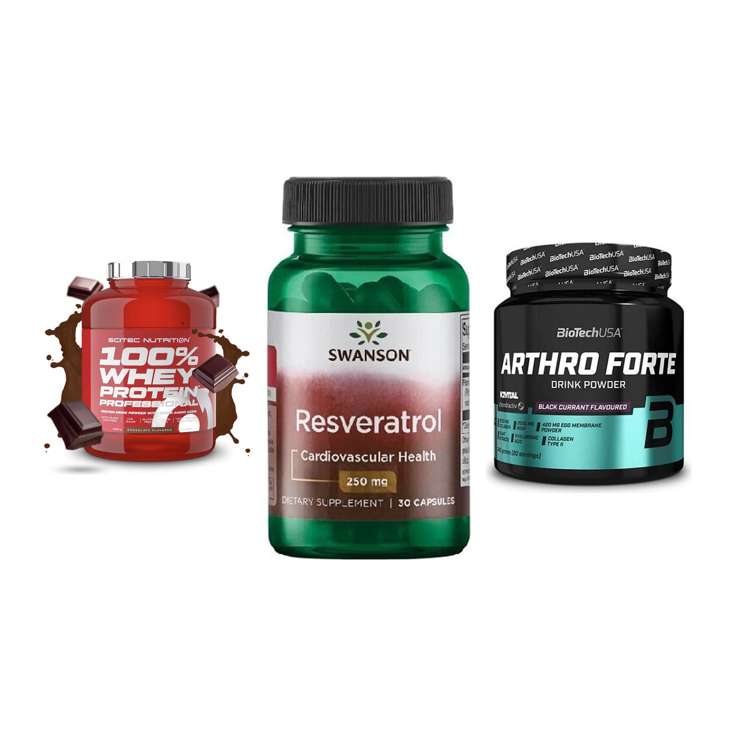 Regenerations-Set: Scitec 100% + Swanson Resvera + BioTech Arthro – alle enthaltenen Artikel