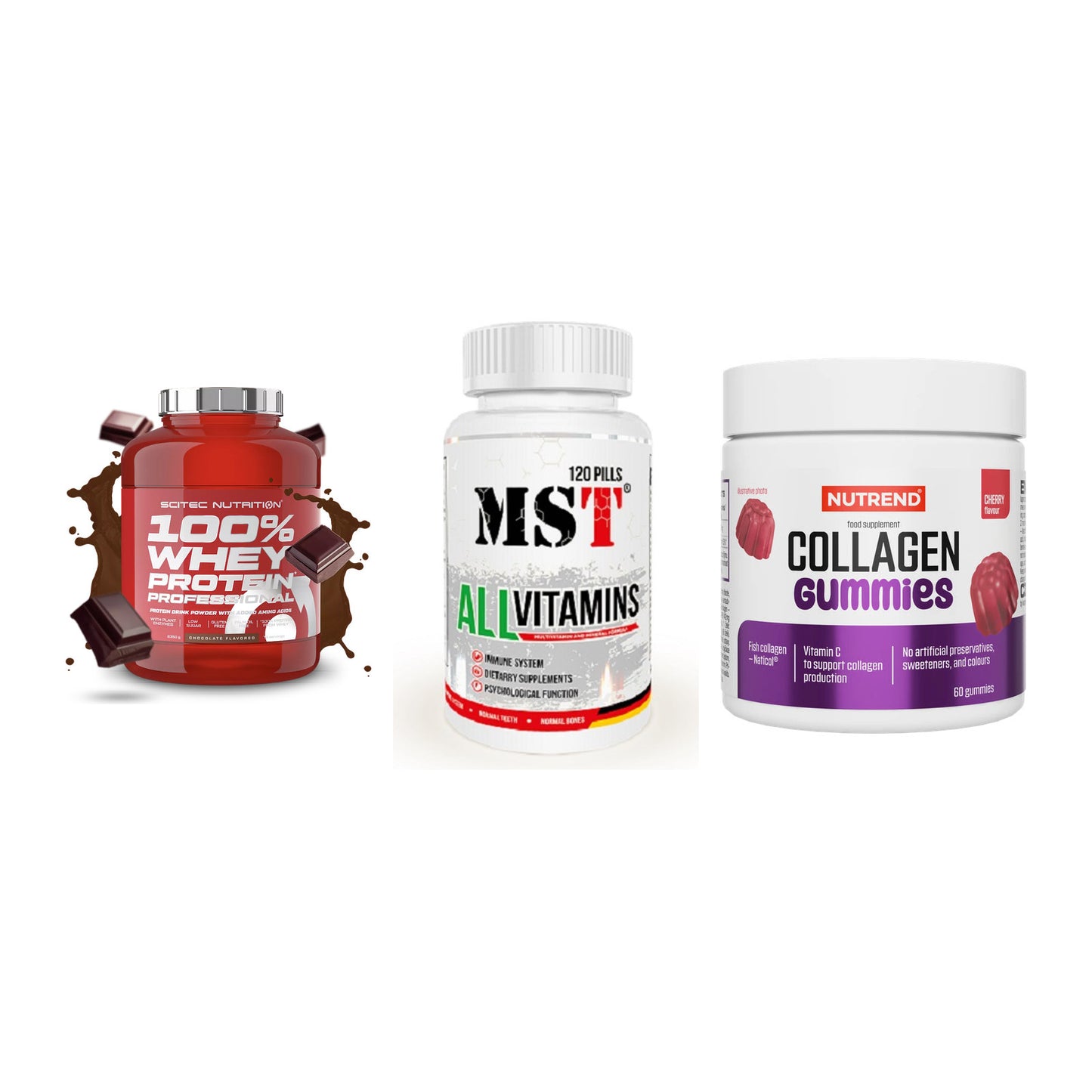 Regenerations-Set: Scitec 100% + MST All Vitamin + Nutrend Collage – alle enthaltenen Artikel