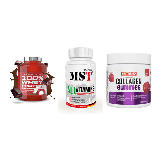 Regenerations-Set: Scitec 100% + MST All Vitamin + Nutrend Collage – alle enthaltenen Artikel