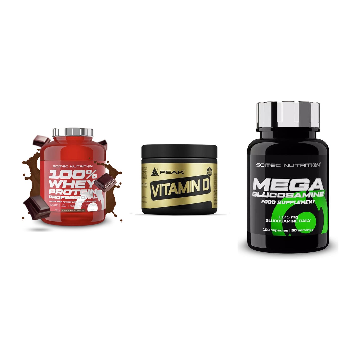 Regenerations-Set: Scitec 100% + Peak Vitamin D + Scitec Mega – alle enthaltenen Artikel