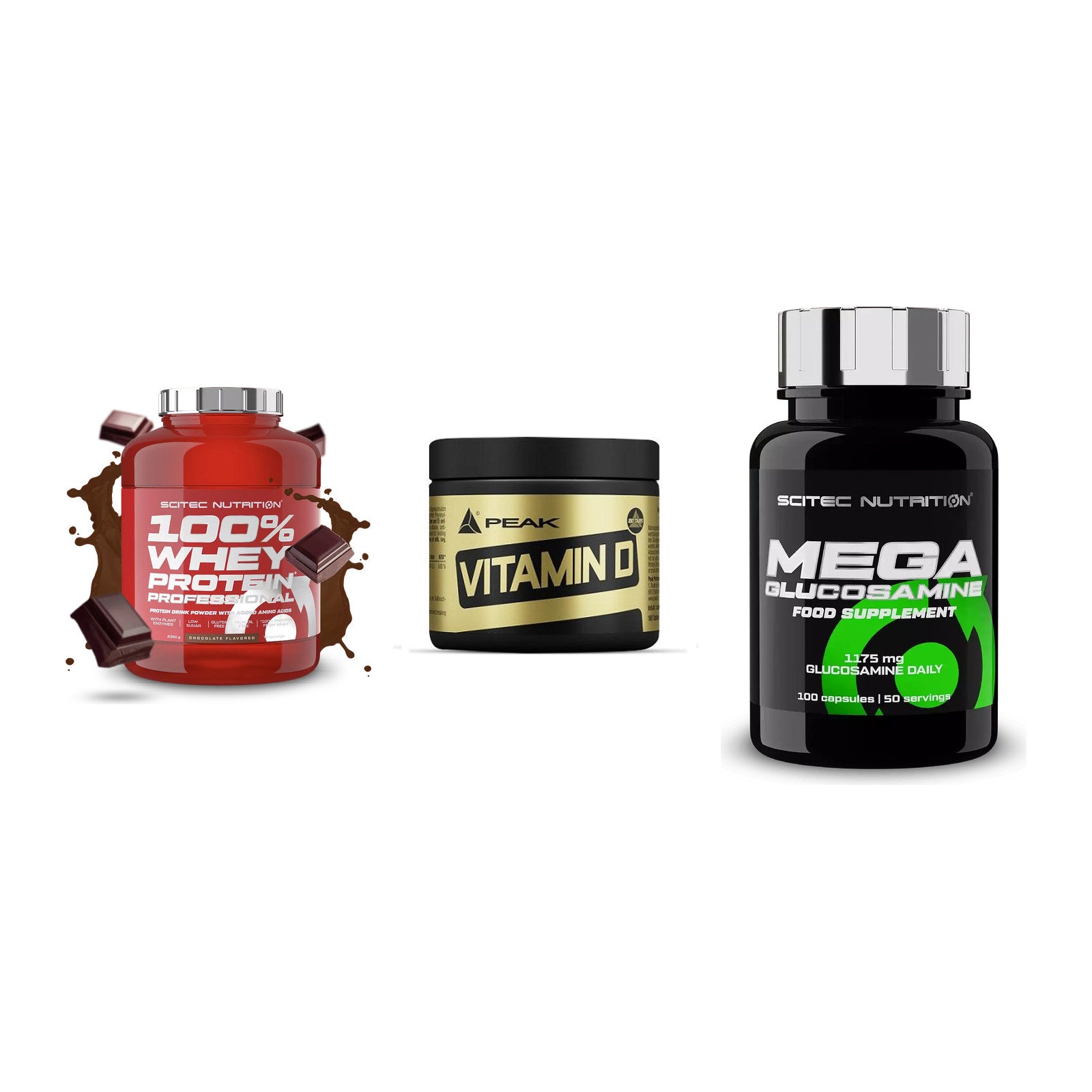 Regenerations-Set: Scitec 100% + Peak Vitamin D + Scitec Mega – alle enthaltenen Artikel