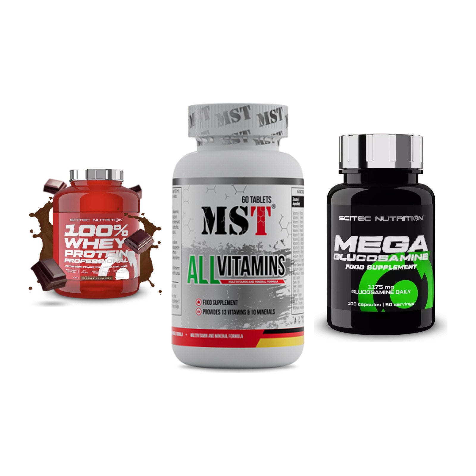 Regenerations-Set: Scitec 100% + MST All Vitamin + Scitec Mega – alle enthaltenen Artikel