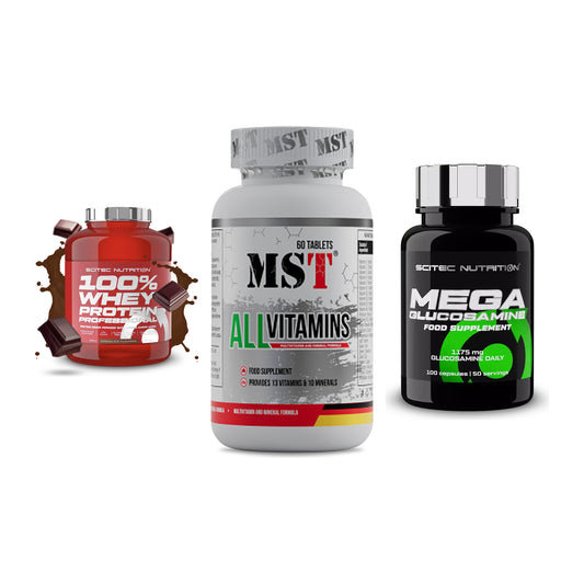 Regenerations-Set: Scitec 100% + MST All Vitamin + Scitec Mega – alle enthaltenen Artikel