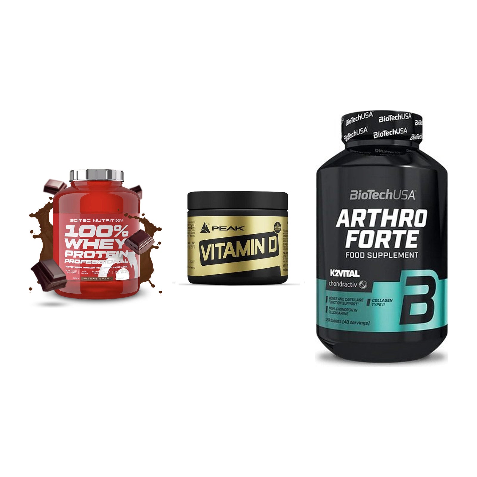 Regenerations-Set: Scitec 100% + Peak Vitamin D + BioTech Arthro – alle enthaltenen Artikel