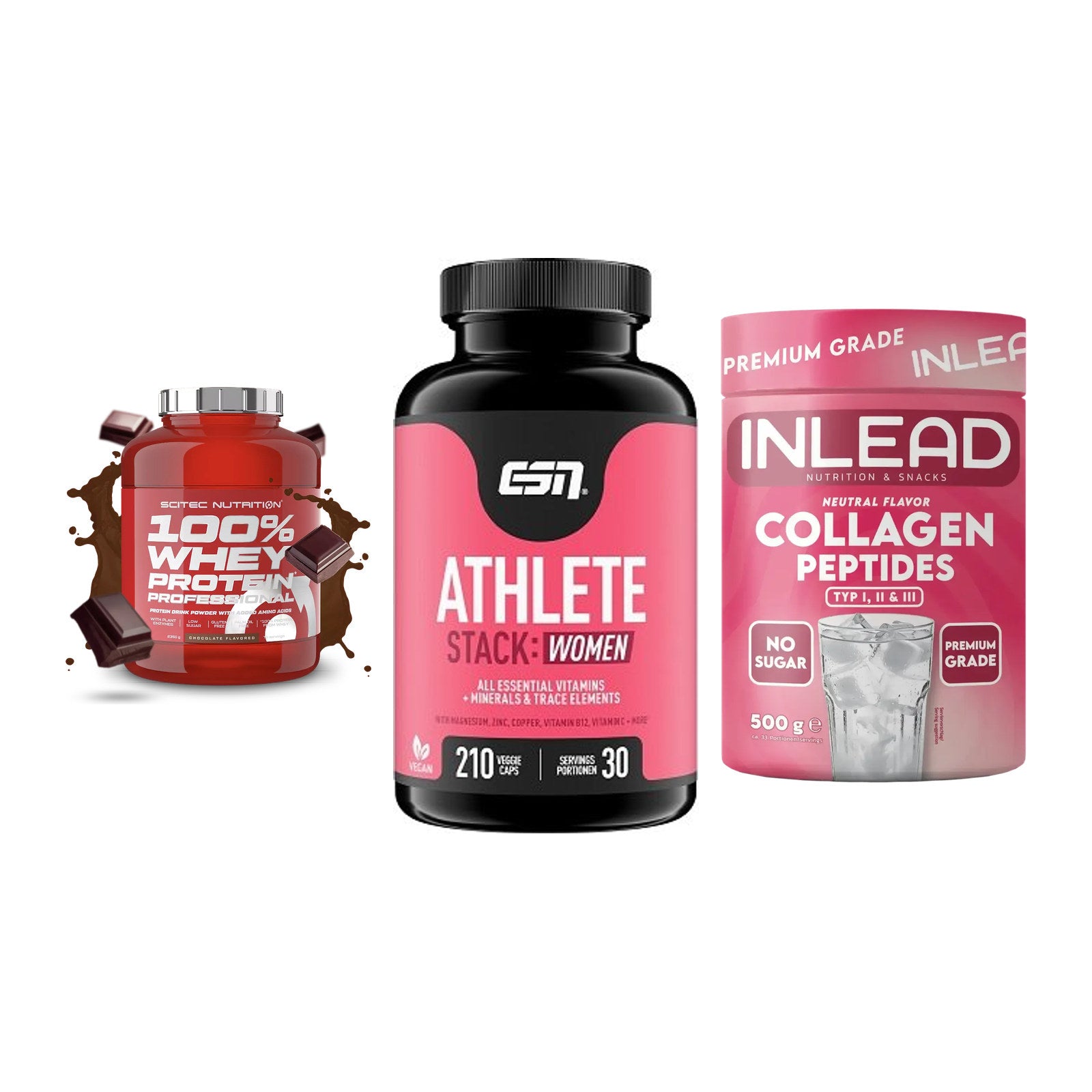 Regenerations-Set: Scitec 100% + ESN Athlete + INLEAD Collagen – alle enthaltenen Artikel