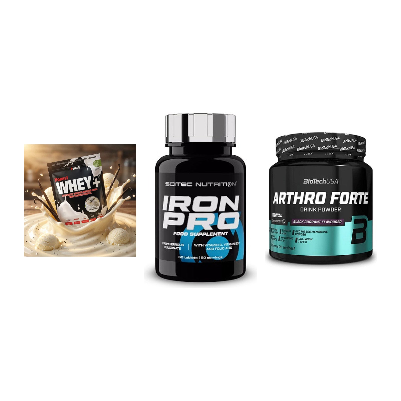 Regenerations-Set: Sinob Honest + Scitec Iron Pro + BioTech Arthro – alle enthaltenen Artikel