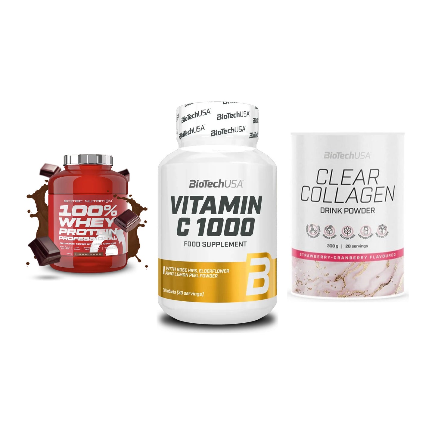 Regenerations-Set: Scitec 100% + BioTech Vitamin + BioTech Clear – alle enthaltenen Artikel