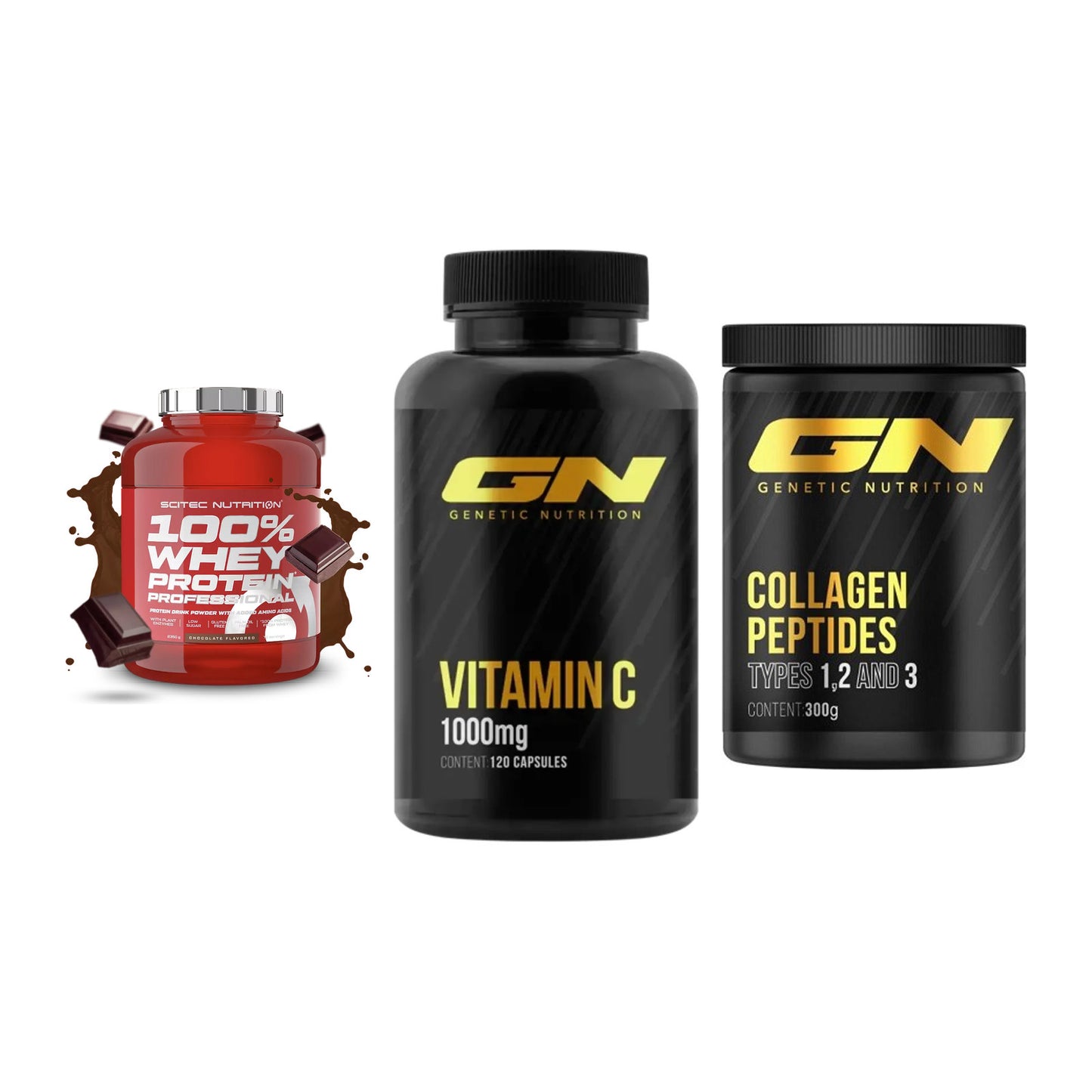Regenerations-Set: Scitec 100% + GN Vitamin C + GN Peptan – alle enthaltenen Artikel