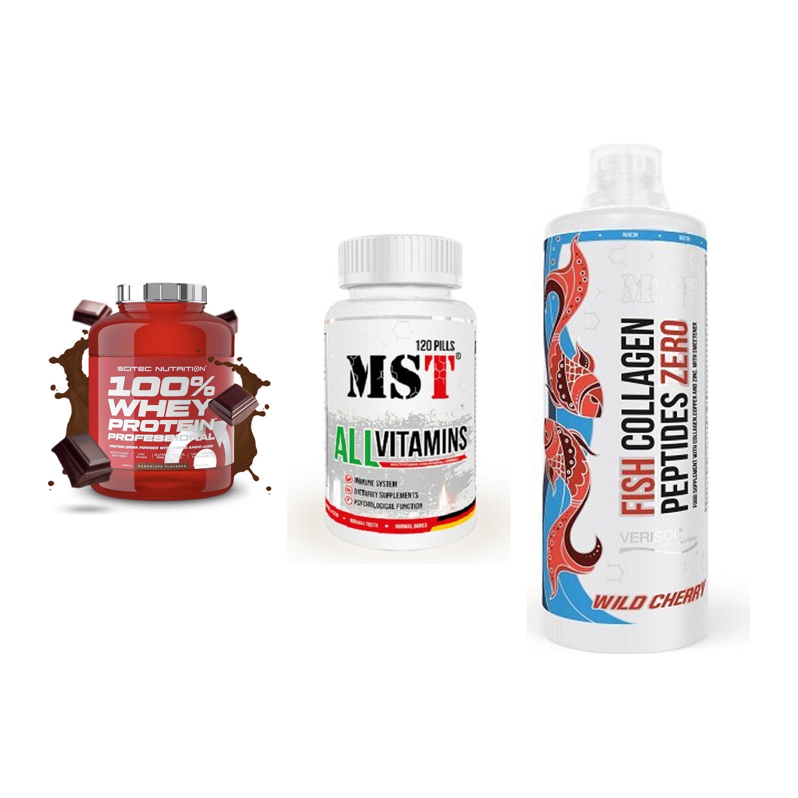 Regenerations-Set: Scitec 100% + MST All Vitamin + MST Fish – alle enthaltenen Artikel