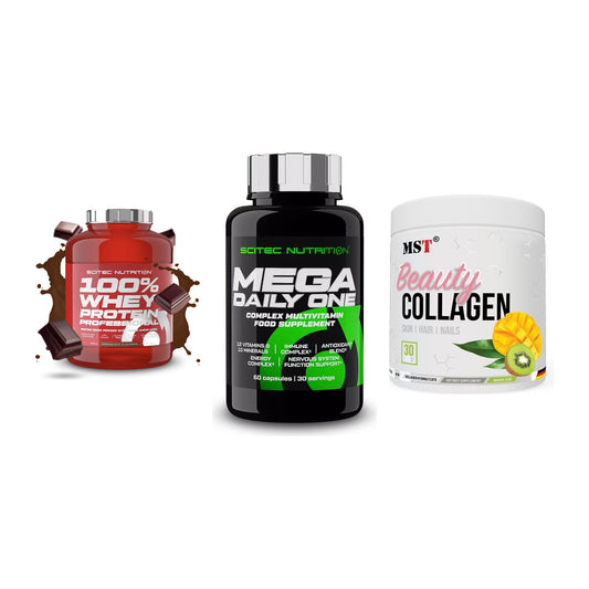 Regenerations-Set: Scitec 100% + Scitec Mega + MST Beauty – alle enthaltenen Artikel