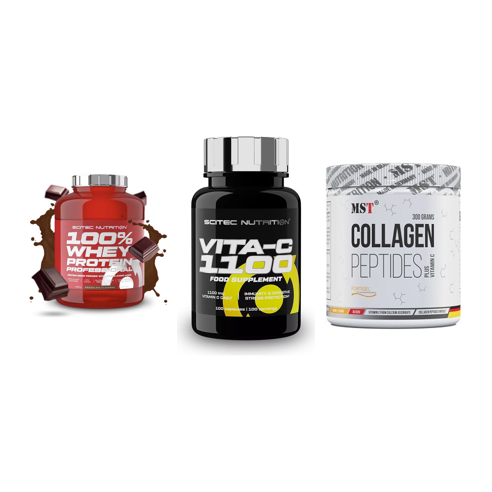 Regenerations-Set: Scitec 100% + Scitec Vitamin + MST Collagen – alle enthaltenen Artikel