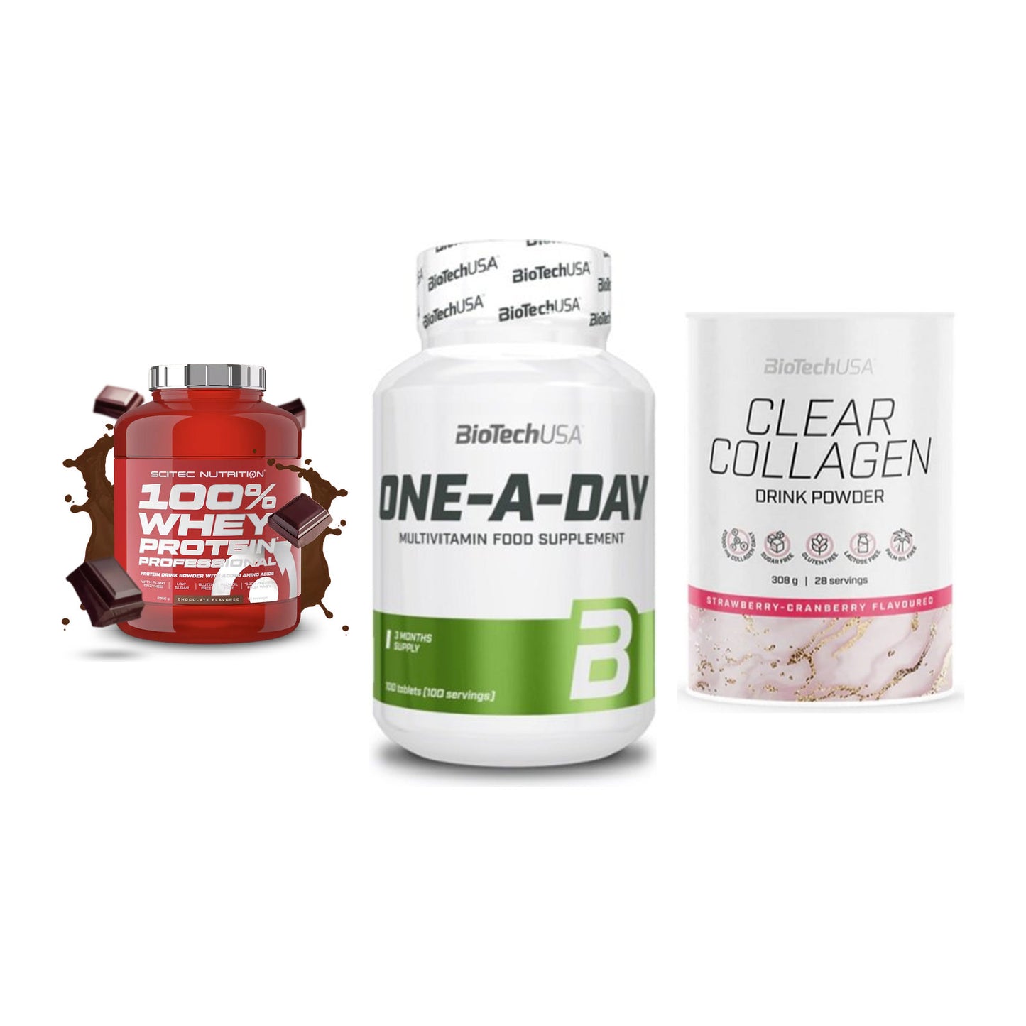 Regenerations-Set: Scitec 100% + BioTech One A + BioTech Clear – alle enthaltenen Artikel