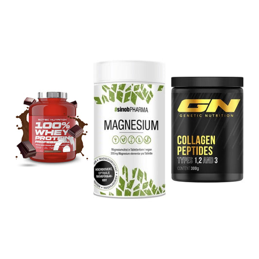 Regenerations-Set: Scitec 100% + Sinob Magnesium + GN Peptan – alle enthaltenen Artikel