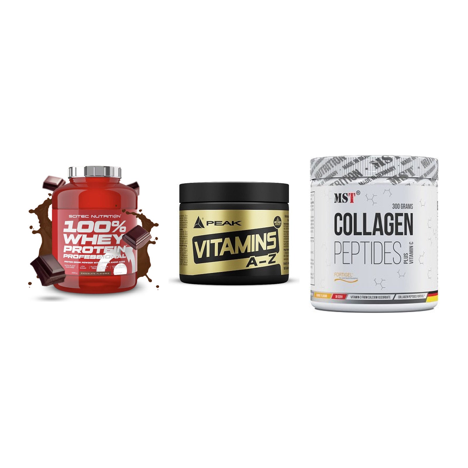 Regenerations-Set: Scitec 100% + Peak Vitamin + MST Collagen – alle enthaltenen Artikel