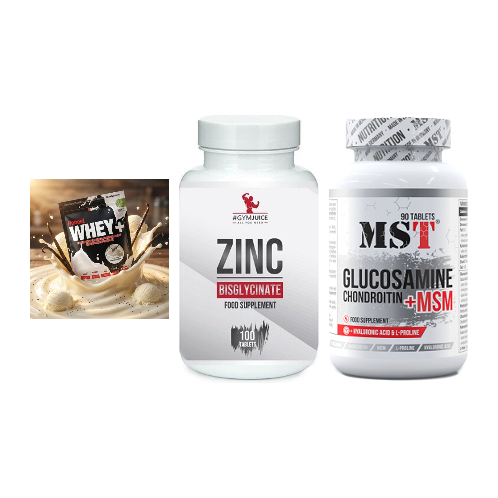 Regenerations-Set: Sinob Honest + #GYMJUICE ZINC + MST Glucosamine – alle enthaltenen Artikel