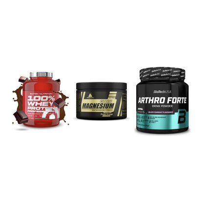 Regenerations-Set: Scitec 100% + Peak Magnesium + BioTech Arthro – alle enthaltenen Artikel