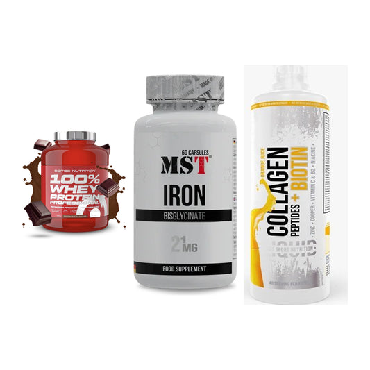 Regenerations-Set: Scitec 100% + MST Iron + MST Collagen – alle enthaltenen Artikel