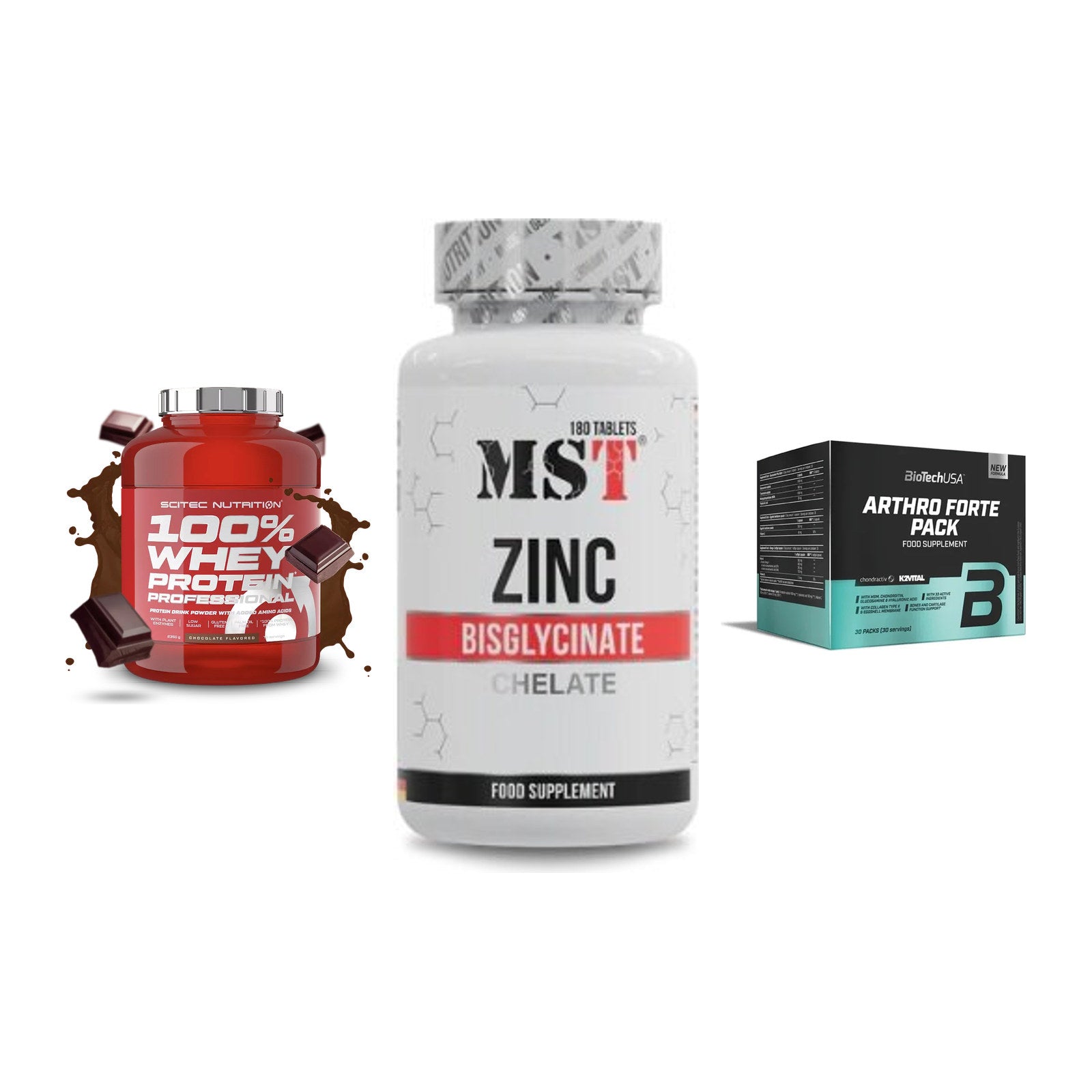 Regenerations-Set: Scitec 100% + MST Zinc + BioTech Arthro – alle enthaltenen Artikel