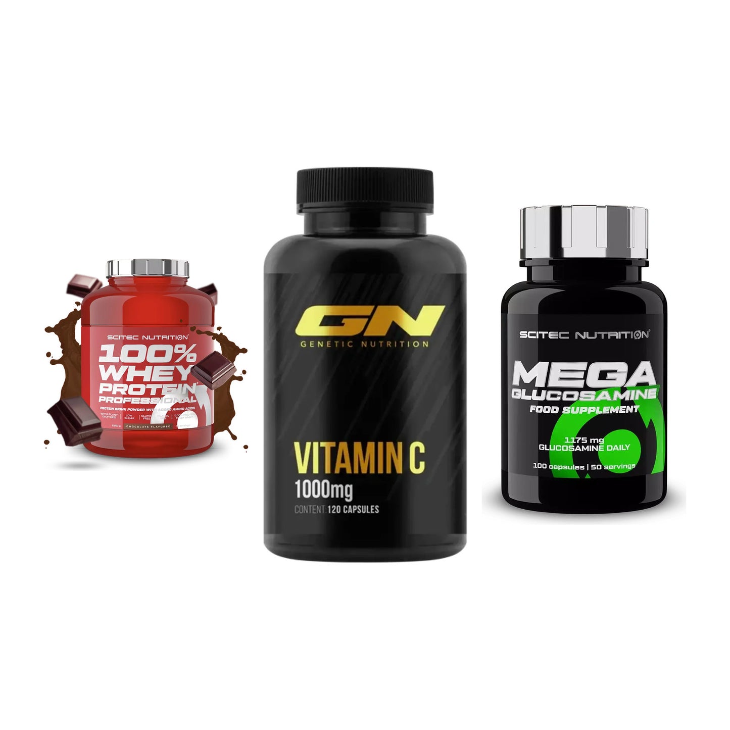 Regenerations-Set: Scitec 100% + GN Vitamin C + Scitec Mega – alle enthaltenen Artikel