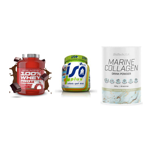 Regenerations-Set: Scitec 100% + Olimp Iso Plus + BioTech Marine – alle enthaltenen Artikel