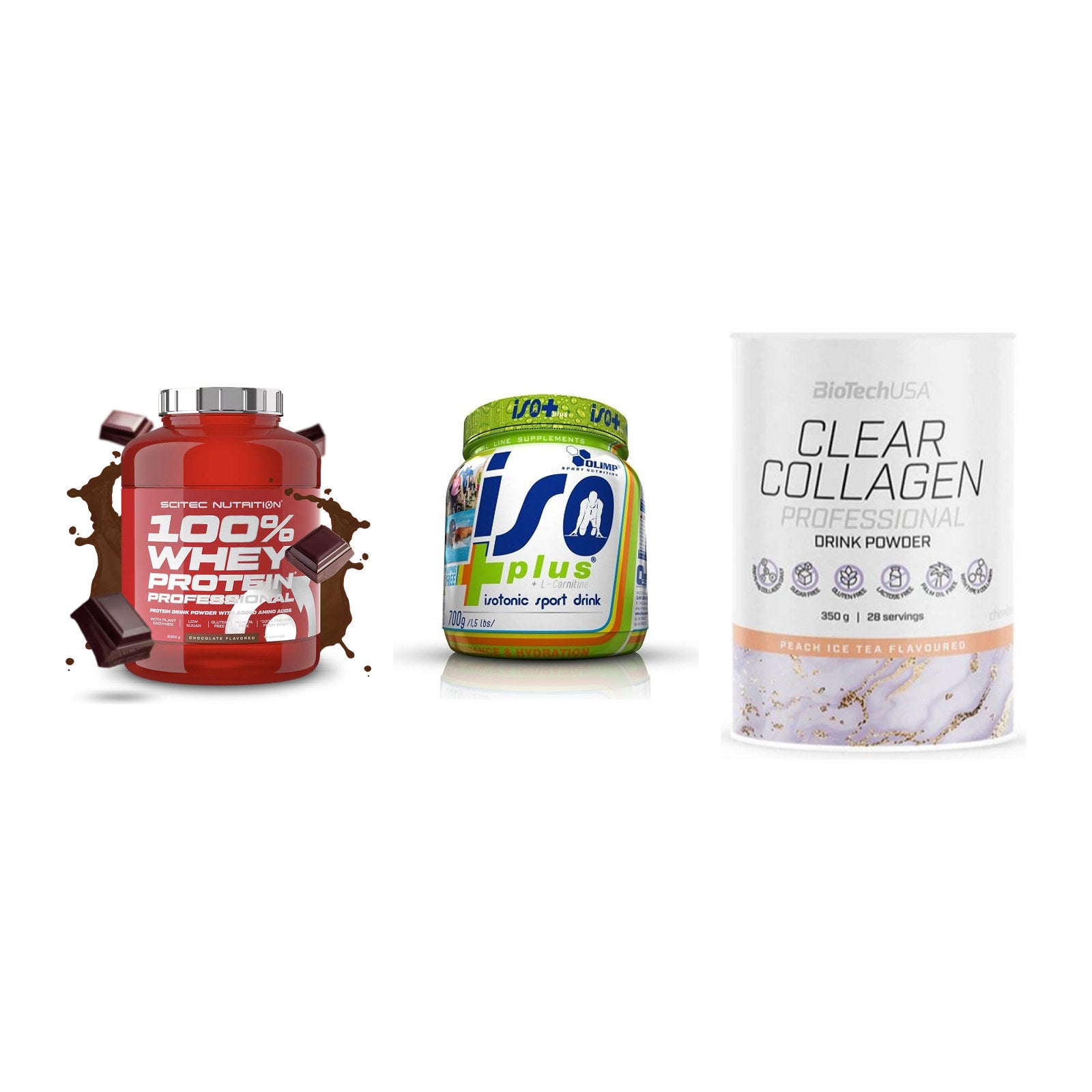 Regenerations-Set: Scitec 100% + Olimp Iso Plus + BioTech Clear – alle enthaltenen Artikel