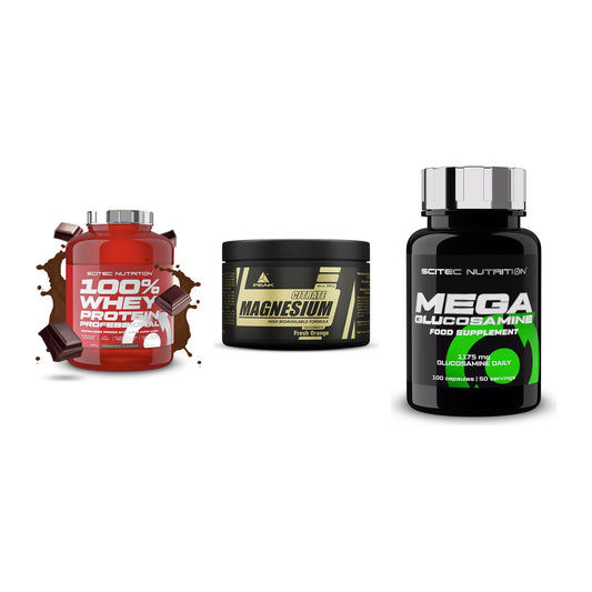 Regenerations-Set: Scitec 100% + Peak Magnesium + Scitec Mega – alle enthaltenen Artikel