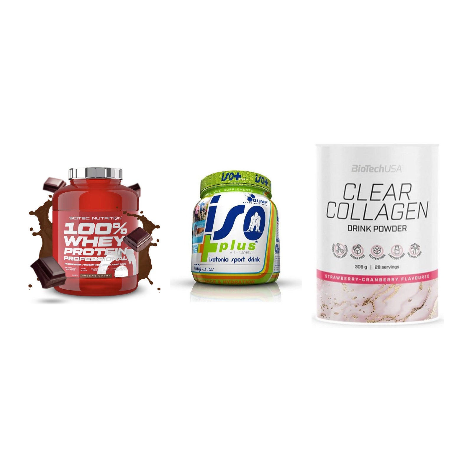 Regenerations-Set: Scitec 100% + Olimp Iso Plus + BioTech Clear – alle enthaltenen Artikel