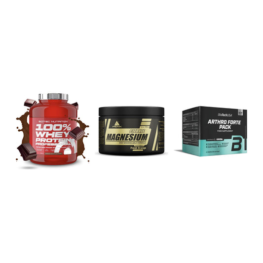 Regenerations-Set: Scitec 100% + Peak Magnesium + BioTech Arthro – alle enthaltenen Artikel