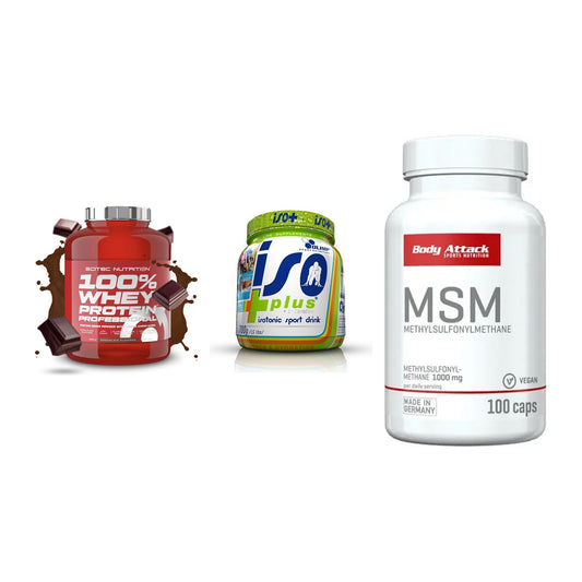 Regenerations-Set: Scitec 100% + Olimp Iso Plus + Body Attack MSM – alle enthaltenen Artikel